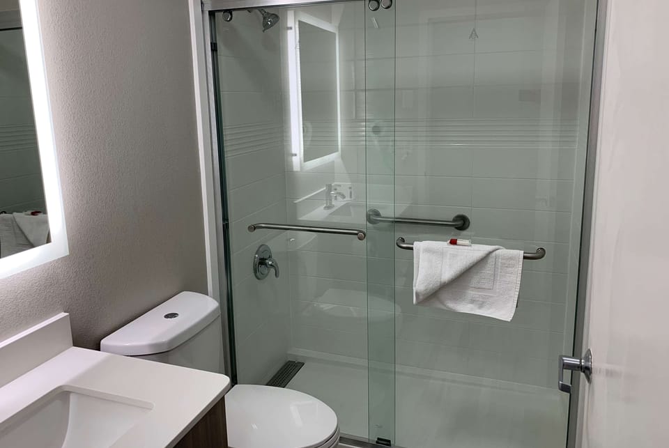 Combined shower/tub, free toiletries, hair dryer, towels