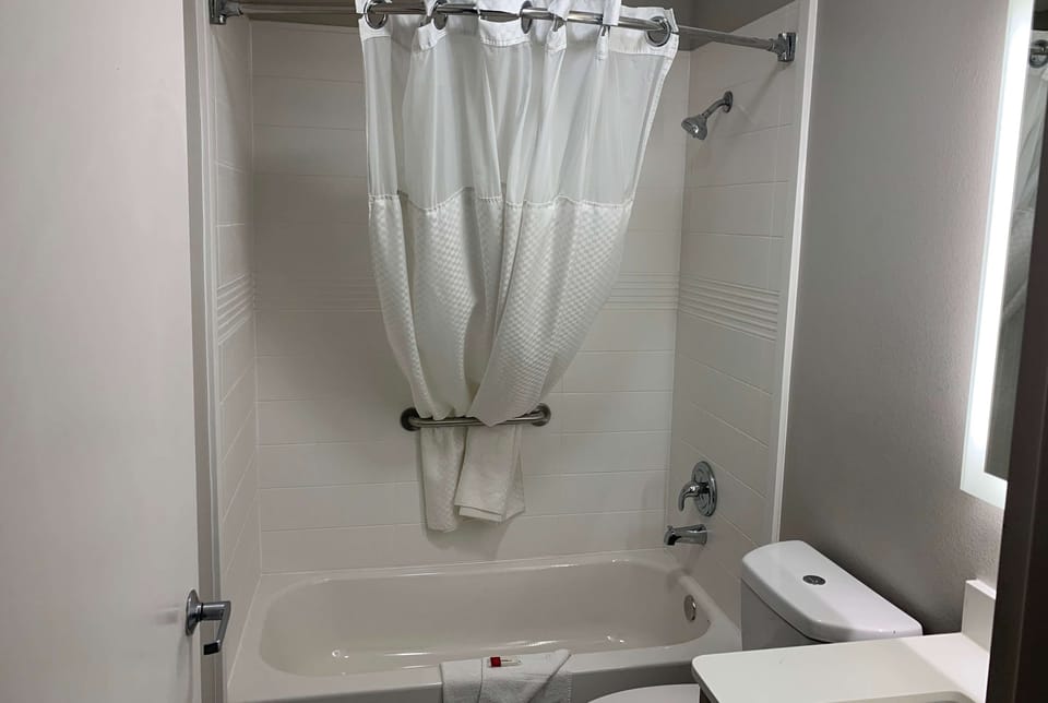 Combined shower/tub, free toiletries, hair dryer, towels