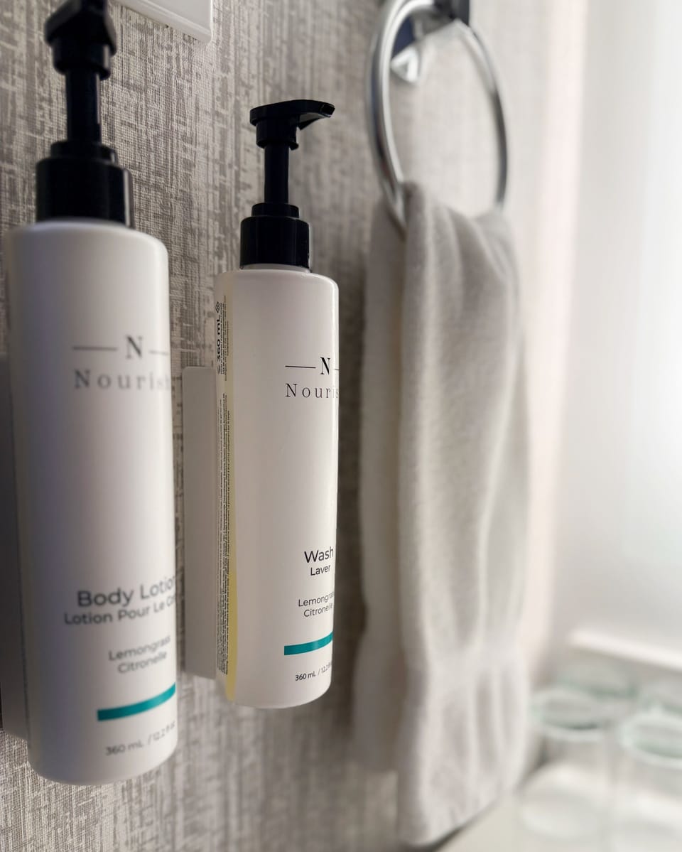 Combined shower/tub, hair dryer, towels, soap