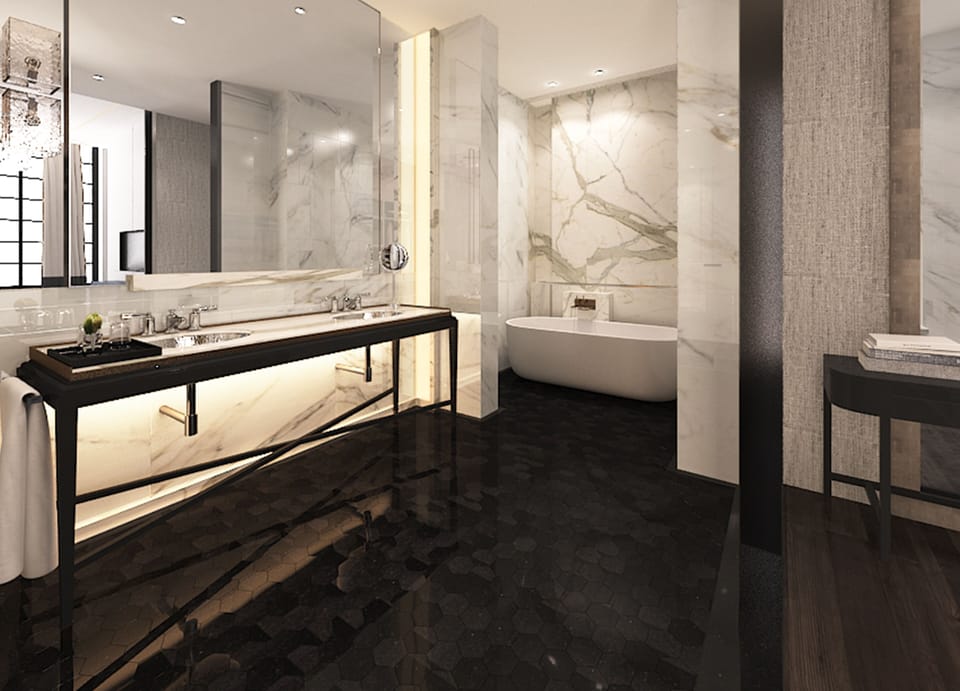Combined shower/tub, hydromassage showerhead, designer toiletries