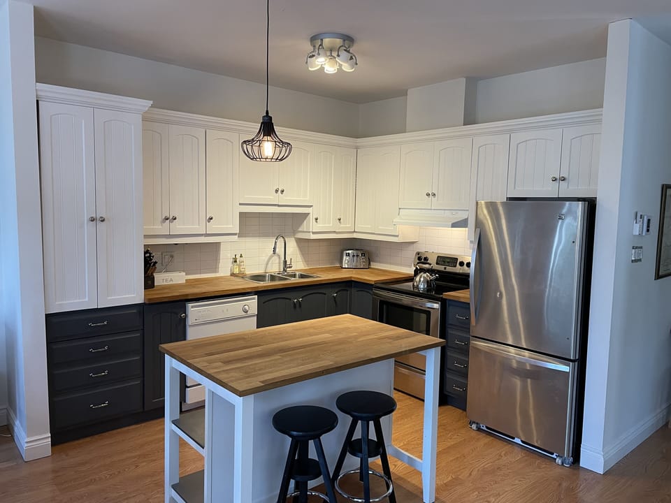 Kitchen with fridge, stove, dishwasher, microwave.
