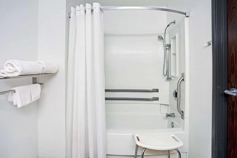 Economy Room, 1 Queen Bed, Accessible, Non Smoking | Bathroom | Combined shower/tub, hair dryer, towels
