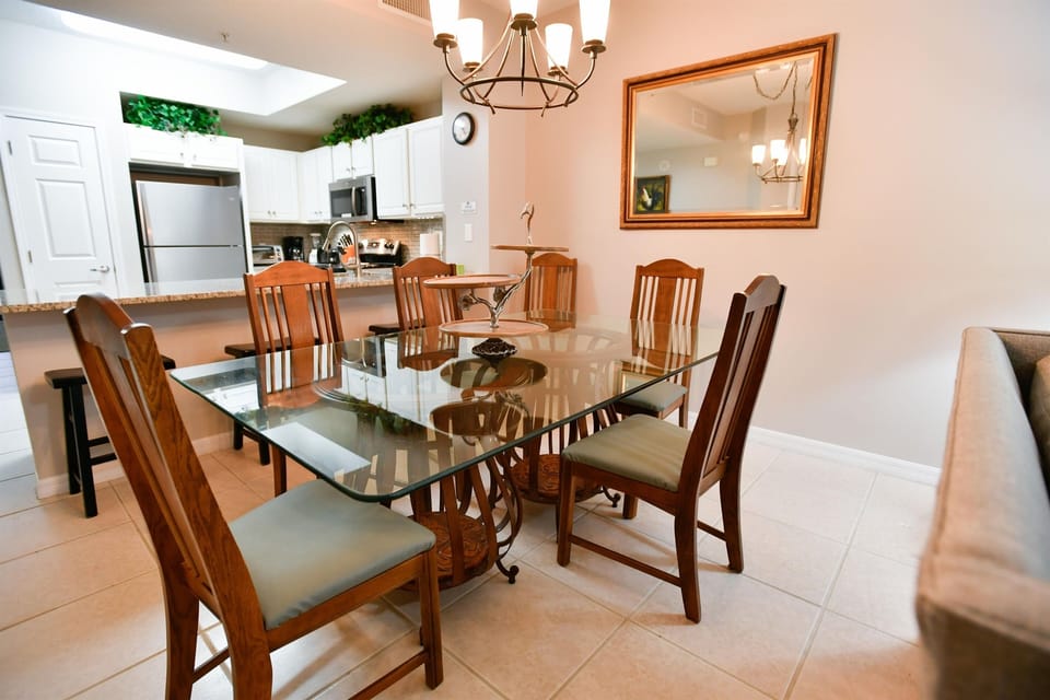 Large dining table with seating for six