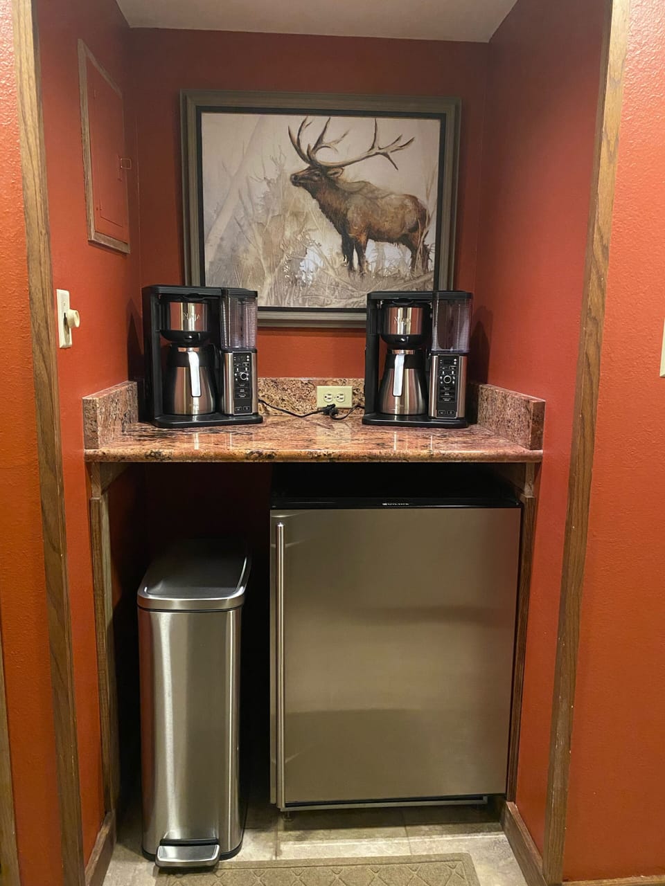 Two coffee makers- mini fridge 