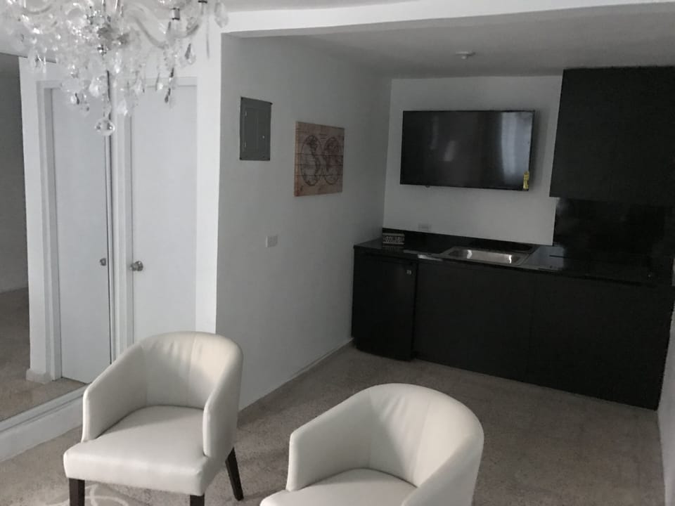 Area de sala con smart TV, sofa cama Queen en el que puede acomodar a 2 personas