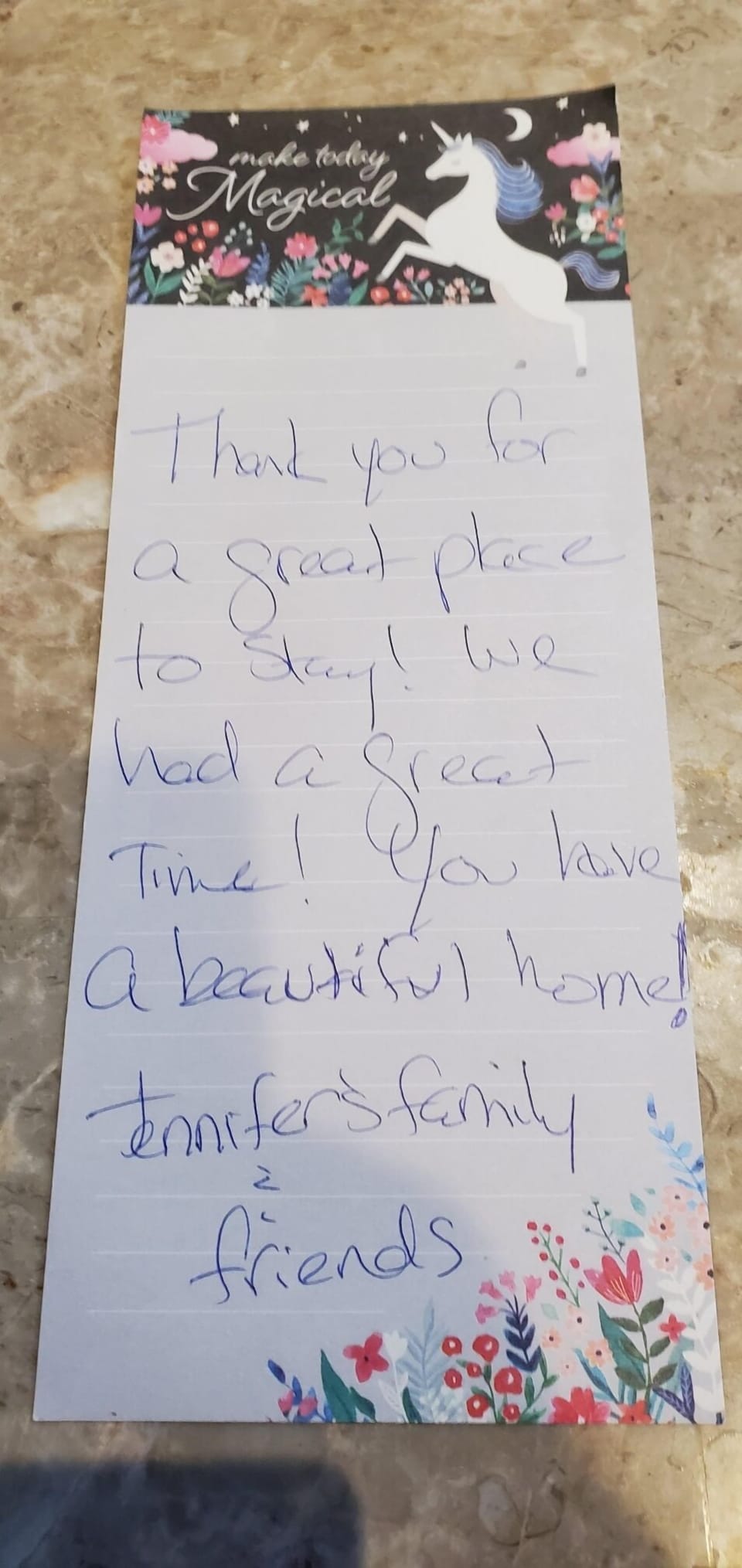 Thoughtful and kind note from recent visitors.