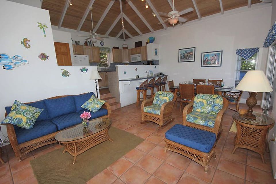 The view of the great room from the seaside deck