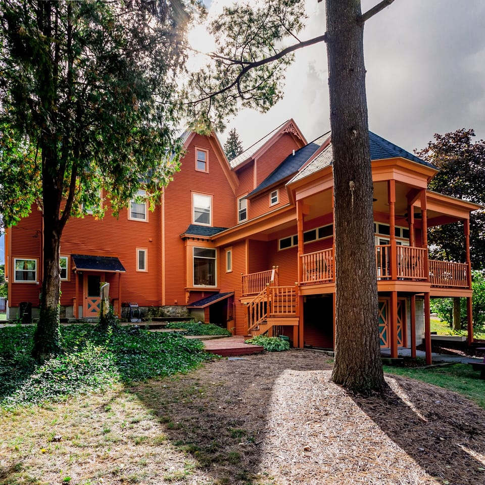 The view of the back of the house from the river. 