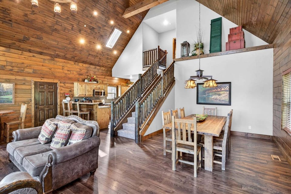Entry area of lodge with dining table, seating for 8