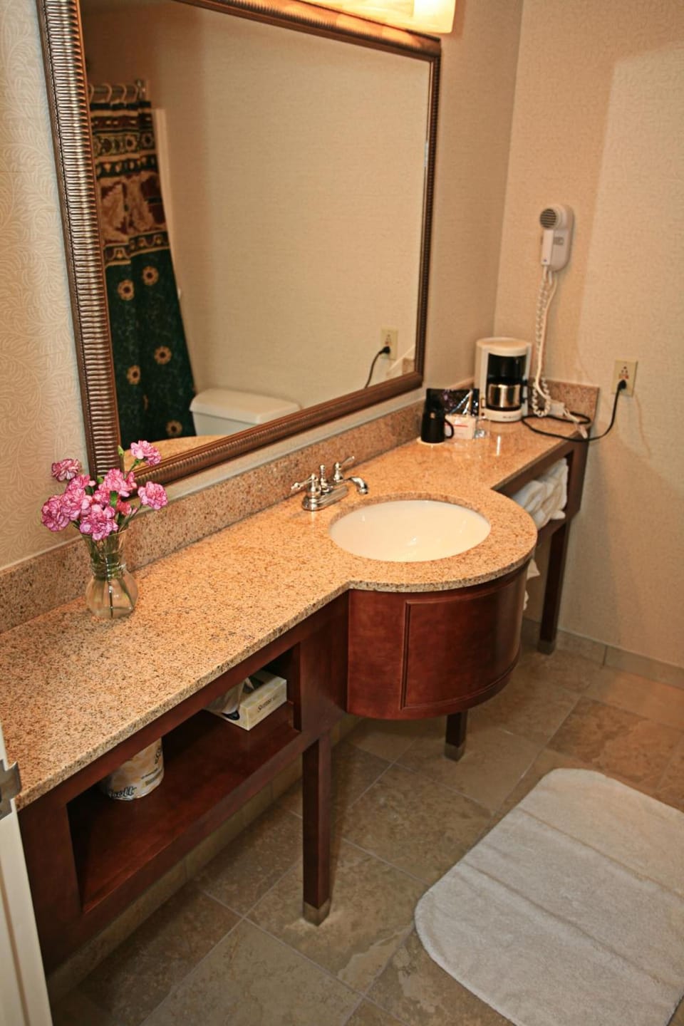 Combined shower/tub, free toiletries, hair dryer, towels