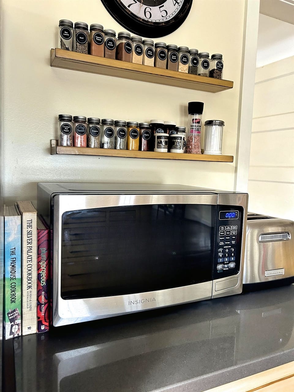 Microwave, toaster, and some of our favorite cookbooks for you to explore.