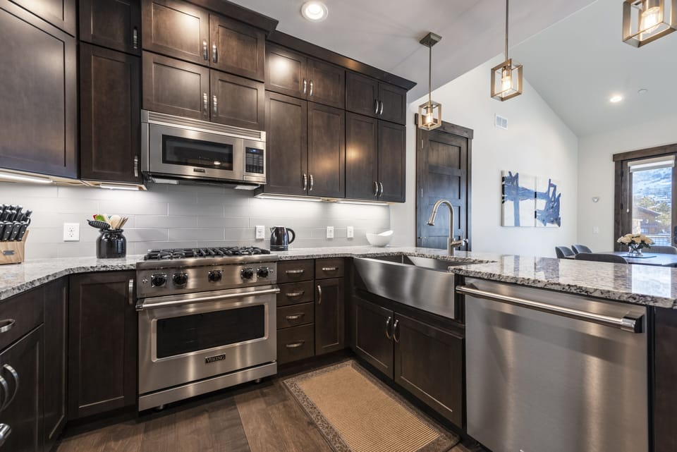 Gourmet chef's kitchen with Viking appliances and cookware