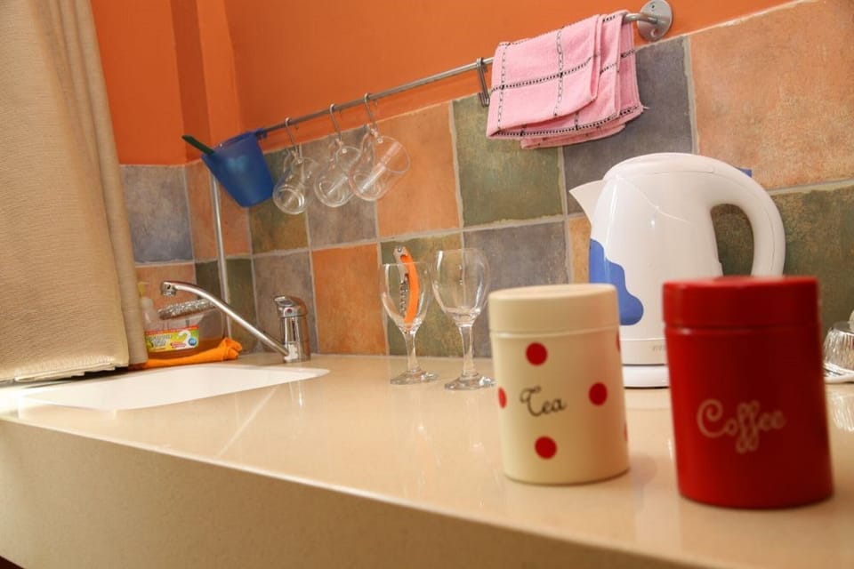 Fridge, electric kettle, cookware/dishes/utensils