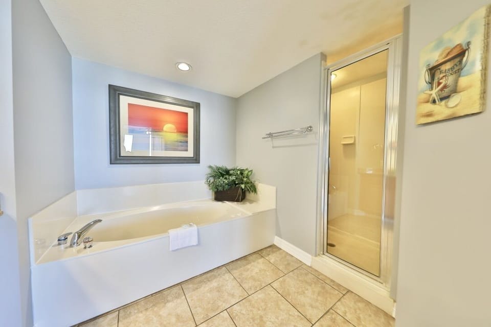 Separate shower and tub in the master bathroom.