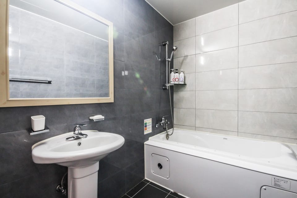 Combined shower/tub, deep soaking tub, hydromassage showerhead