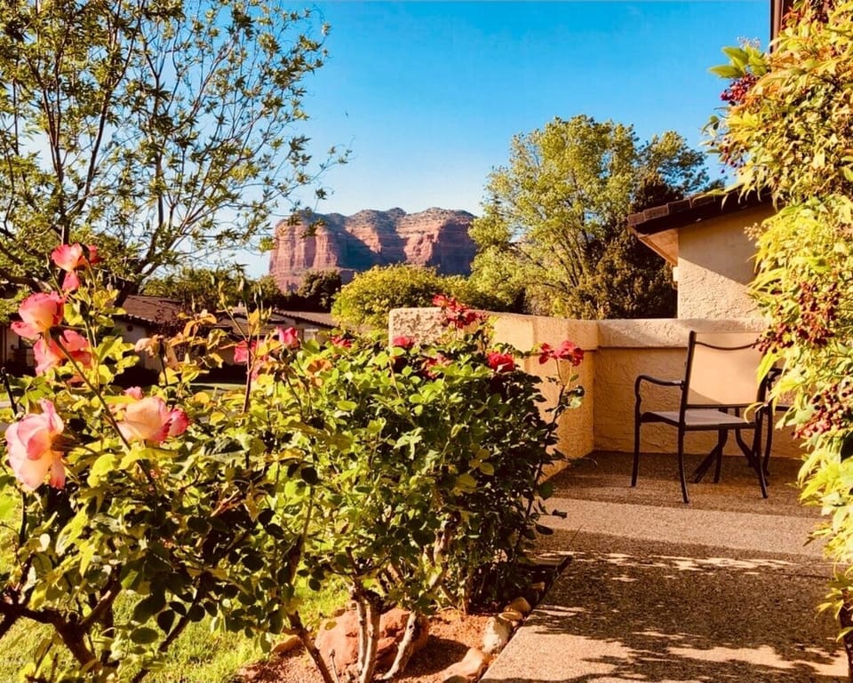 Charming front patio with red rock view
