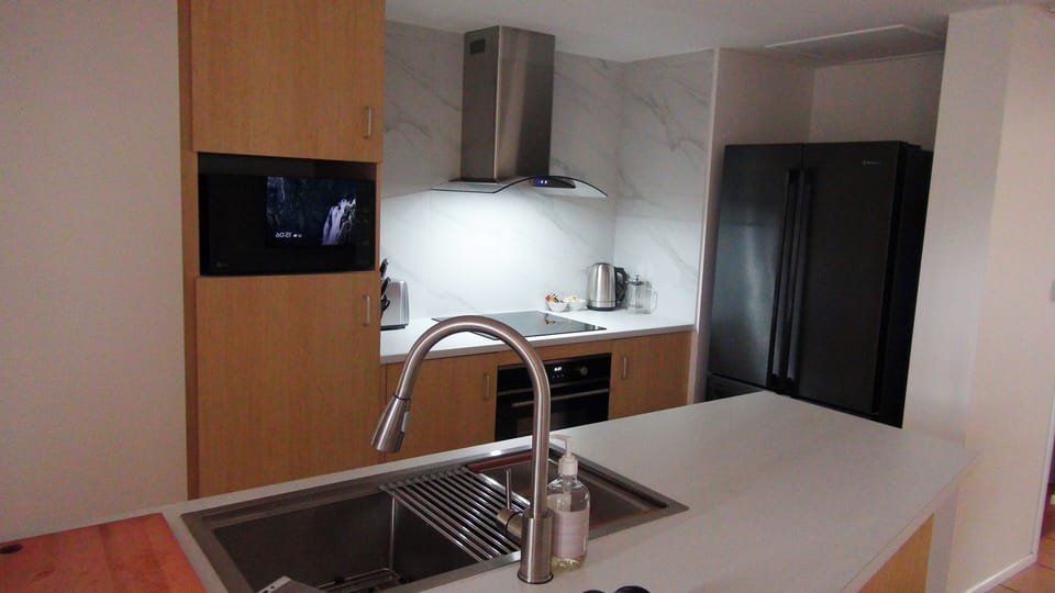 Luxury Apartment | Private kitchen | Shared fridge, microwave, cookware/dishes/utensils, paper towels