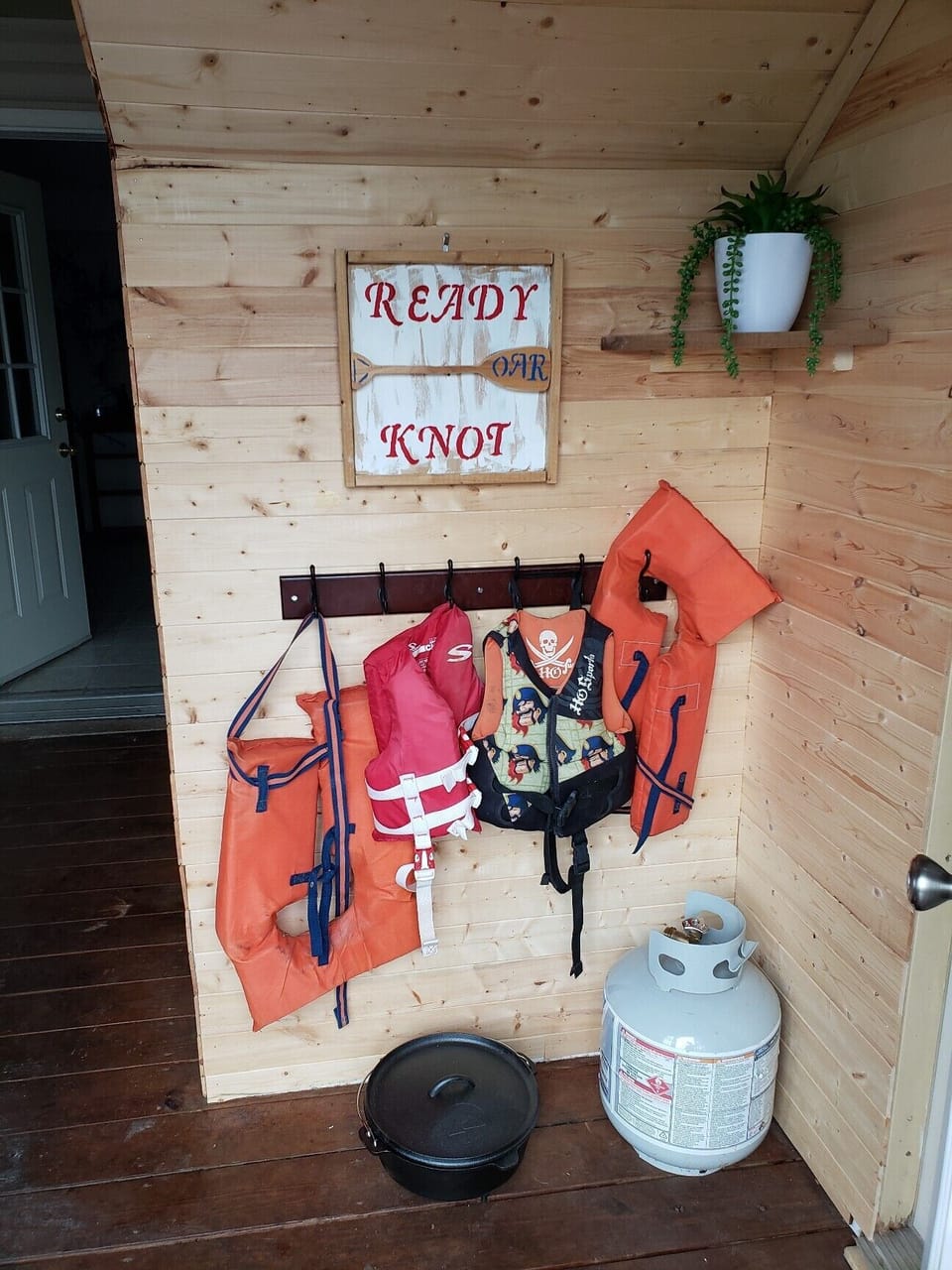 More life jackets soon. Propane, dutch oven for brick fire pit/cooking area.