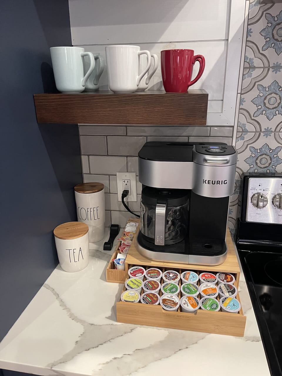 K cups, tea bags, and ground coffee are available for our guests.
