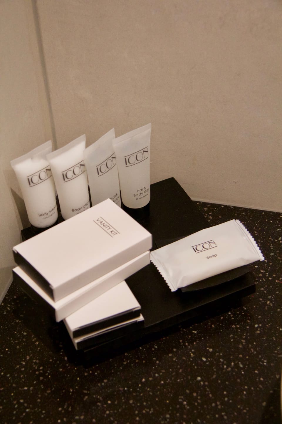 Shower, rainfall showerhead, free toiletries, hair dryer