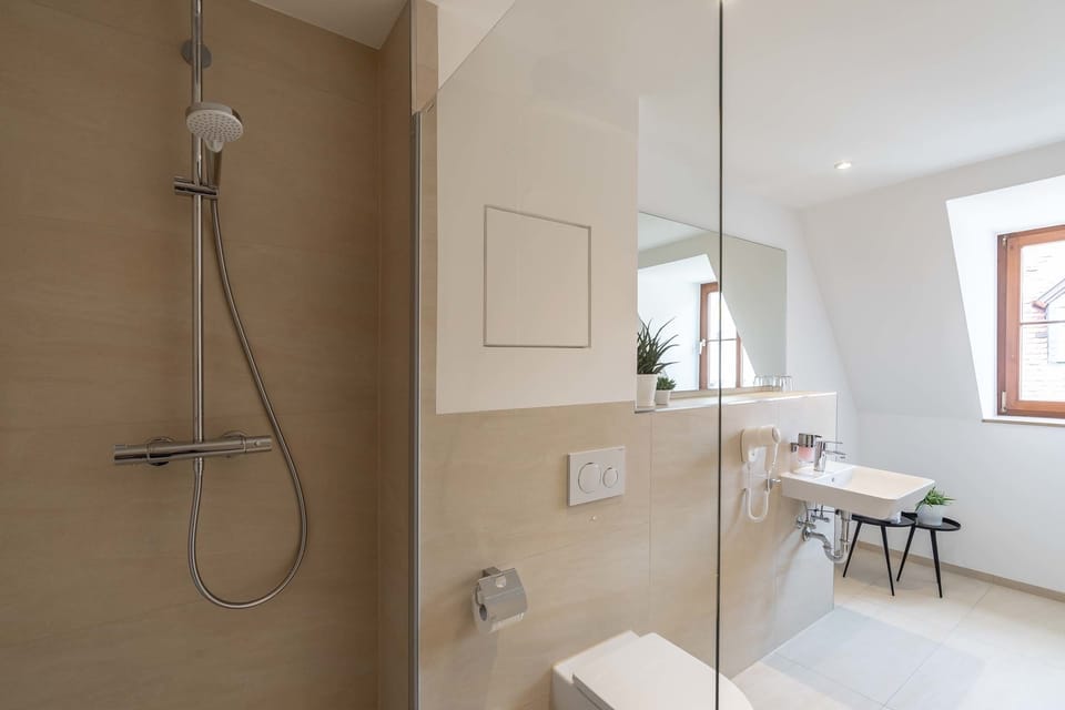 Shower, free toiletries, hair dryer, towels