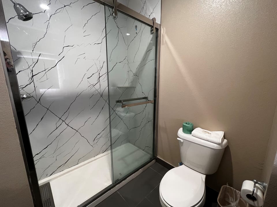 Combined shower/tub, free toiletries, hair dryer, towels