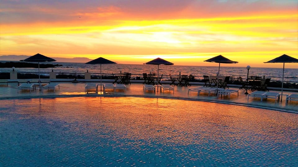 Outdoor pool, pool umbrellas, sun loungers