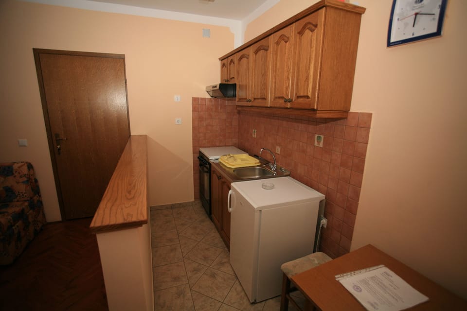 Apartment up to 2 people | Private kitchenette | Full-size fridge, stovetop, electric kettle, cookware/dishes/utensils