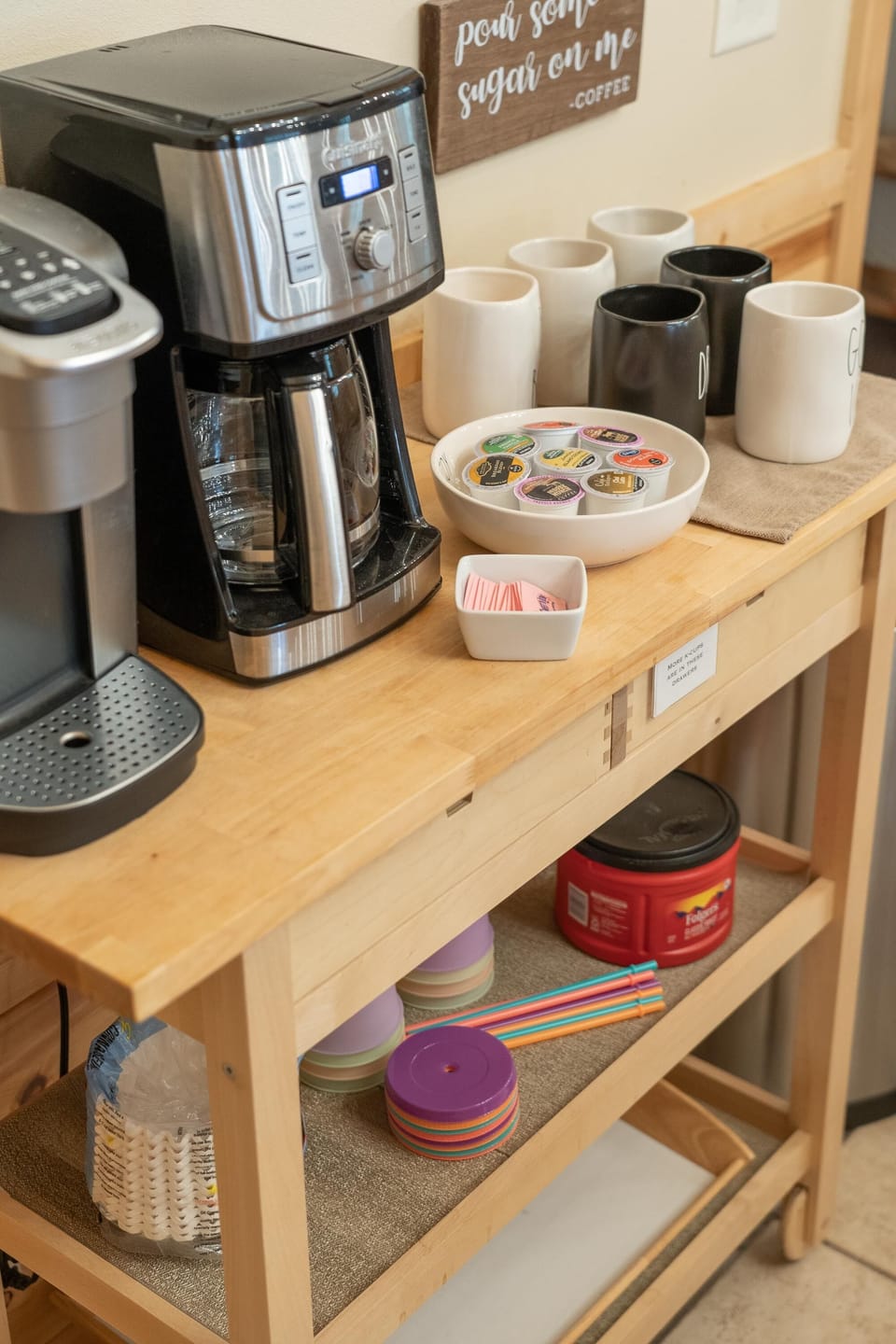 Complimentary coffee station. Keurig and Cuisinart coffee pot are both provided.