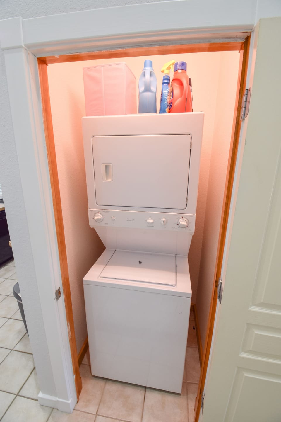 Stack laundry in hall