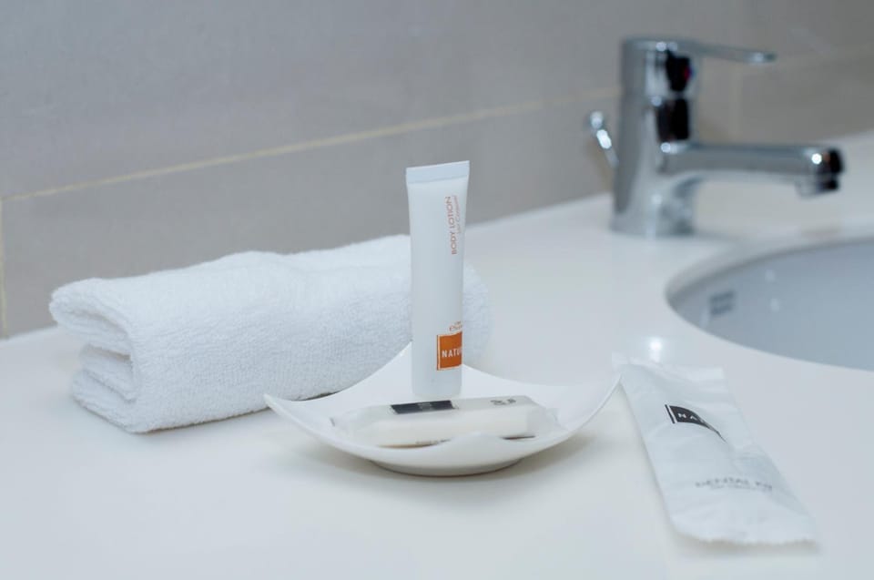 Shower, free toiletries, hair dryer, slippers