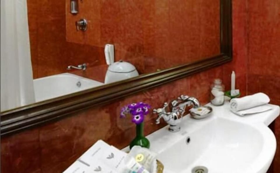 Combined shower/tub, free toiletries, towels