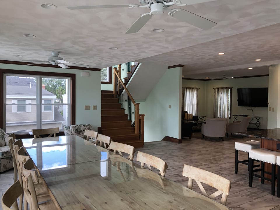 large second floor open concept kitchen/dining/living room