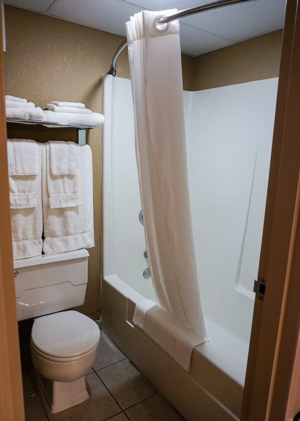 Combined shower/tub, free toiletries, hair dryer, towels
