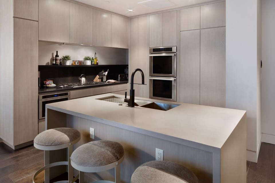 Chef's kitchen with eat-in island with room for 3.