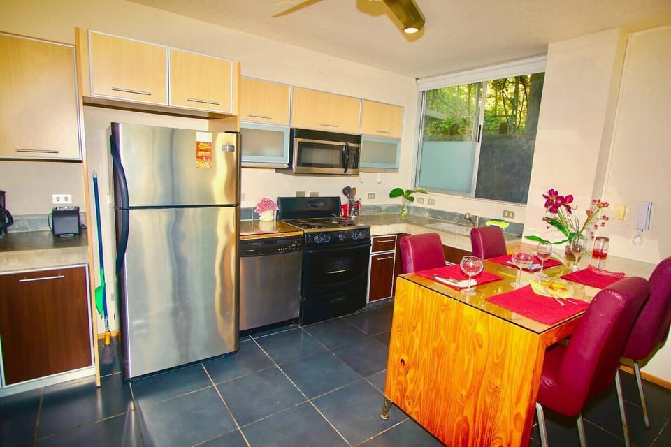 Fully stocked kitchen, white line, everything North America standardized.