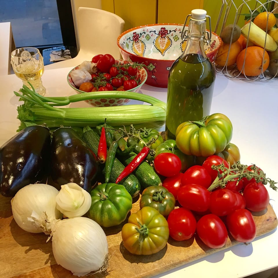 Fresh local produce and our own olive oil. Caponata tonight!