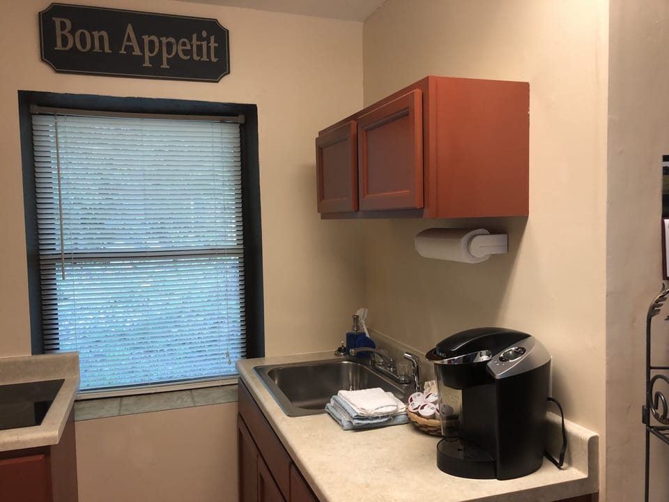 Keurig, toaster oven, crock pot, dishes, pots/pans, utensils, etc.