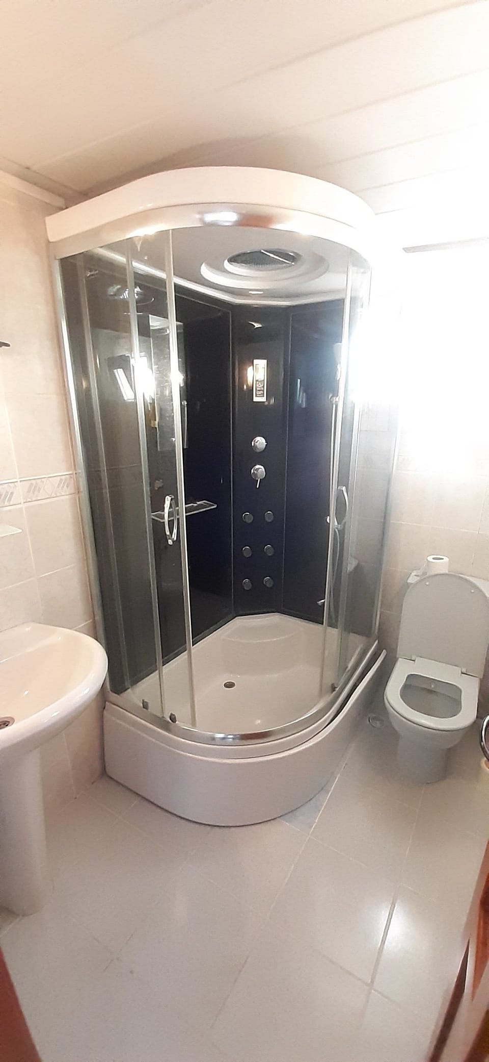 Hair dryer, slippers, towels, soap