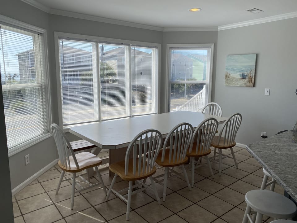 A nice view for dining, complete with bench.
