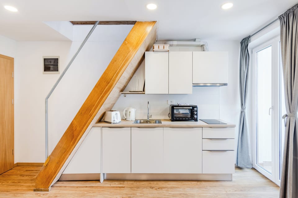 Apartment, Balcony, Mountain View (A1) | Private kitchen | Fridge, dishwasher, electric kettle, highchair