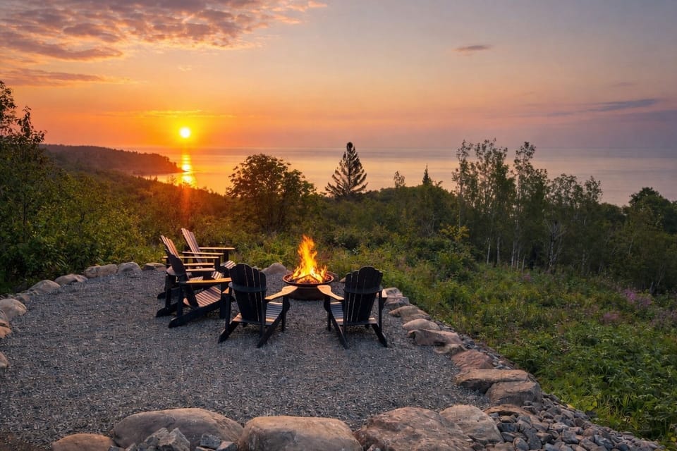 Sunrise spills over Lake Superior, lighting the horizon as you sit by the fire pit, coffee in hand. The chairs face a breathtaking view golden light, calm water, and a quiet start to another unforgettable North Shore day.