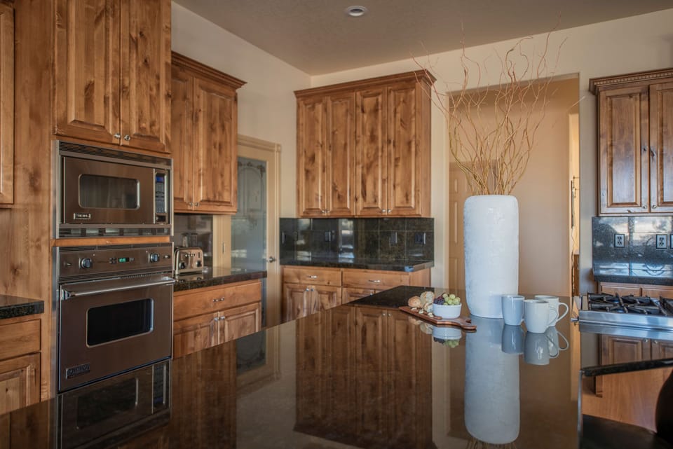 Kitchen features modern appliances.