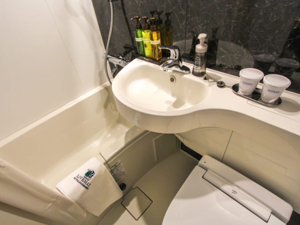 Combined shower/tub, free toiletries, hair dryer, slippers