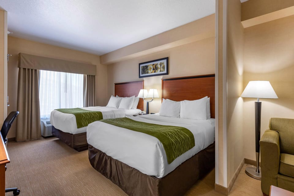 Pillowtop beds, desk, laptop workspace, iron/ironing board