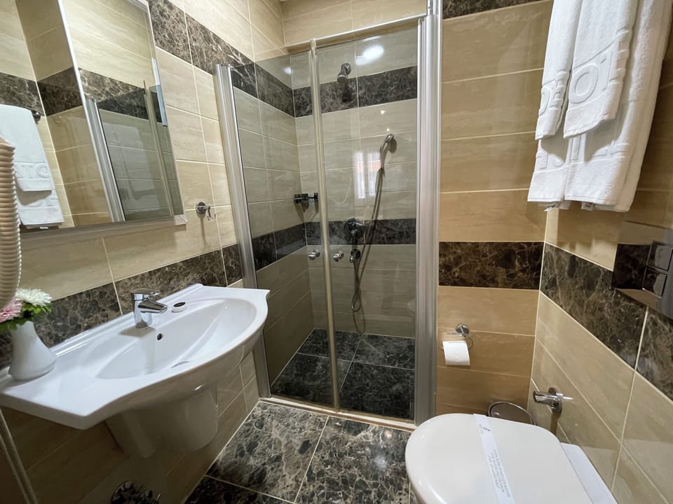 Shower, eco-friendly toiletries, hair dryer, slippers