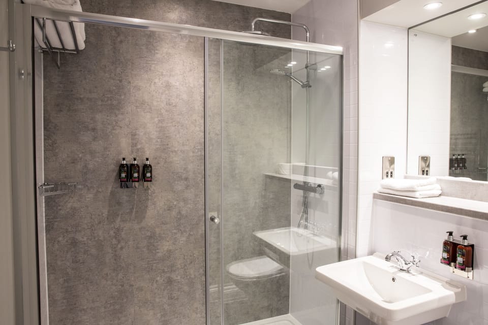 Combined shower/tub, hair dryer, towels