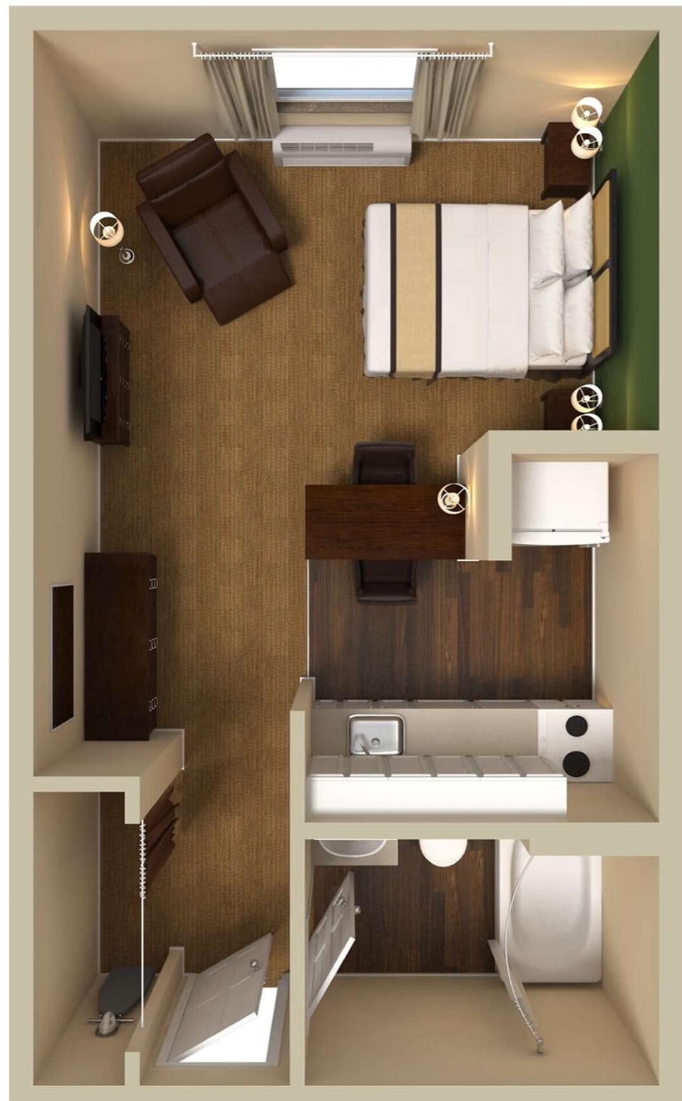 Studio, 1 Queen Bed, Non Smoking | Down comforters, desk, laptop workspace, iron/ironing board