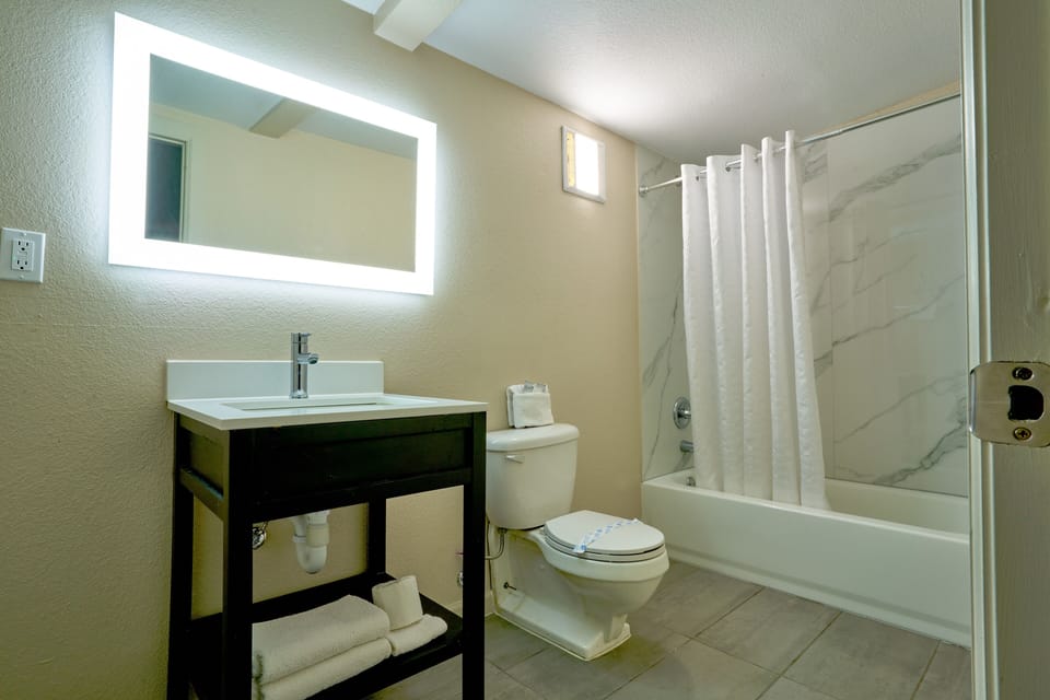 1 Queen Garden | Bathroom | Combined shower/tub, towels