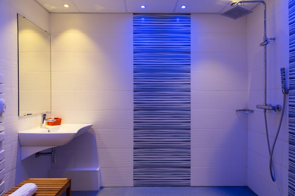 Shower, hair dryer, bathrobes, towels